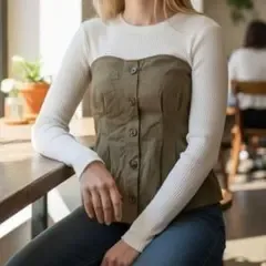 美品 イング トップス M 白×茶 ボタン付 長袖 リブ編み スモッキング