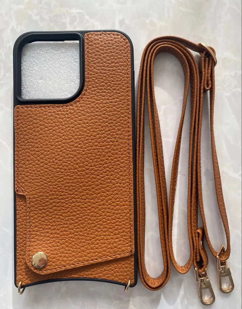 iPhone15 シンプルレザーソフトケース&ストラップセット ブラウン茶色
