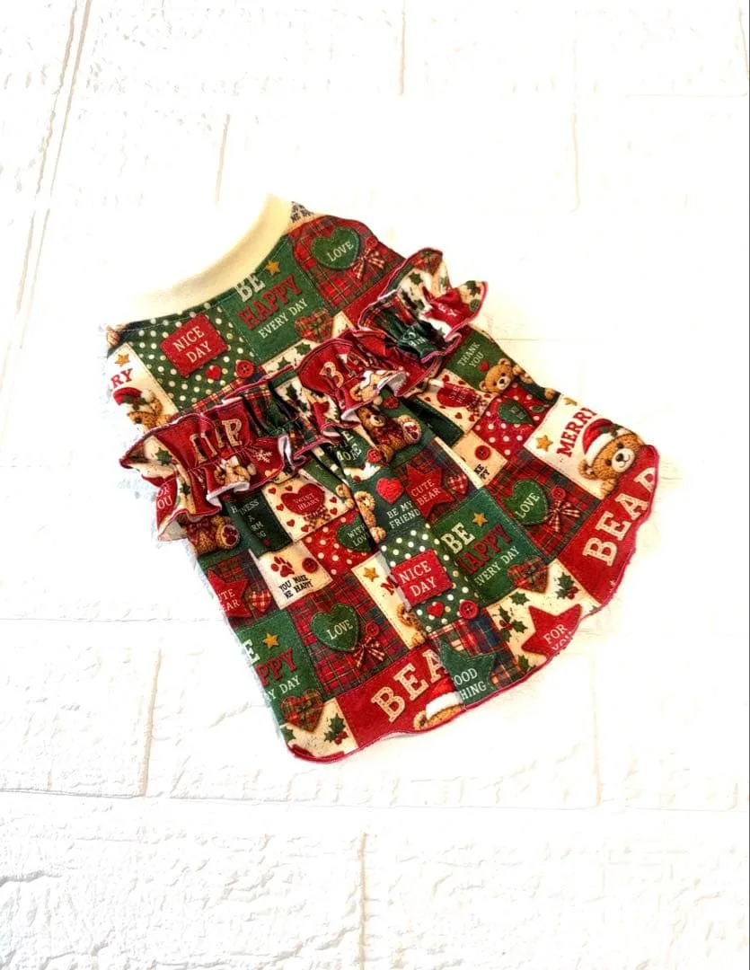 犬服 ハンドメイド クリスマス柄 切り替えフリルワンピース