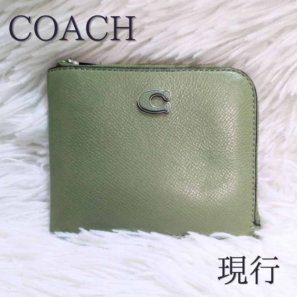 COACH コーチ 現行 L字ジップウォレット 財布 緑 レザー コインケース