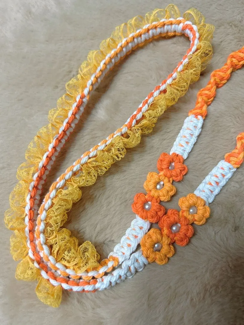 ☆レース☆ ハンドメイド スマホショルダーストラップ オレンジ 推し活 黄色