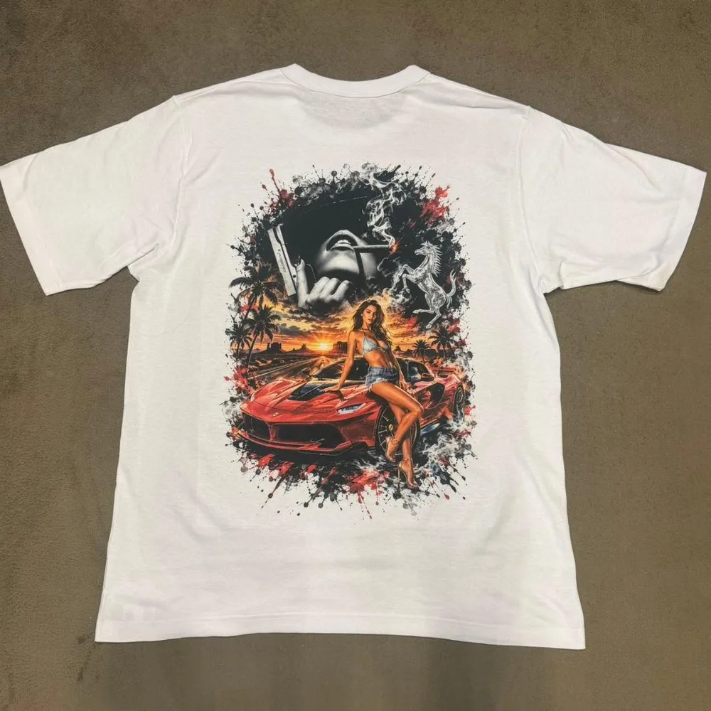 【一点物 XL】美女×スーパーカー セクシー ストリートアート 白Tシャツ