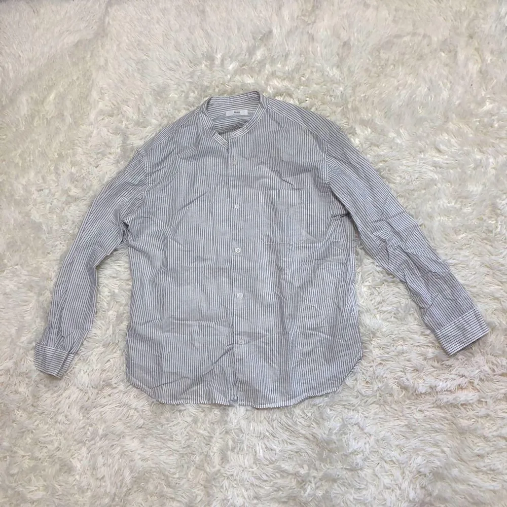 UNIQLO リネンコットンスタンドカラーストライプシャツ Lサイズ 白×青