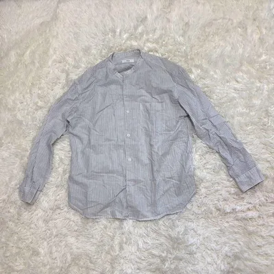 UNIQLO リネンコットンスタンドカラーストライプシャツ Lサイズ 白×青
