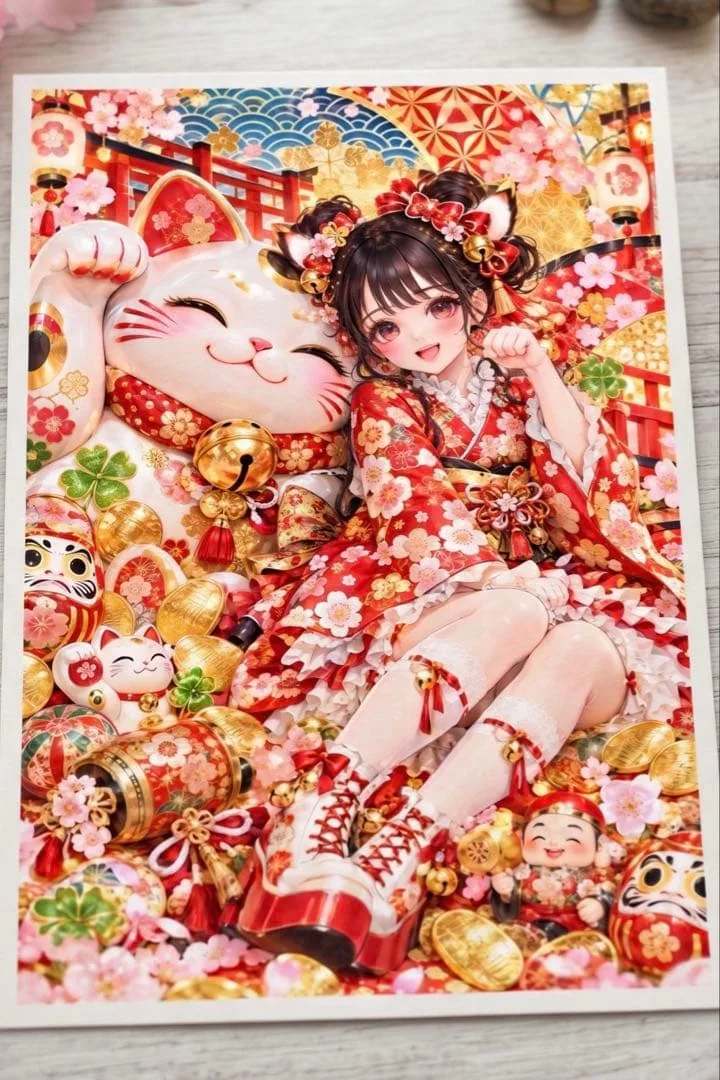 デジタルスピリチュアルアート 和猫耳少女 開運 ポストカード 招き猫 ダルマ