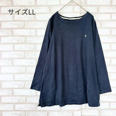 カットソー ロンT 長袖 紺 LL クールネック 綿 コットン 刺しゅう