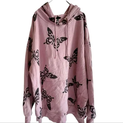 良品✨wild fabl 長袖パーカー くすみピンク 蝶プリント(黒) L