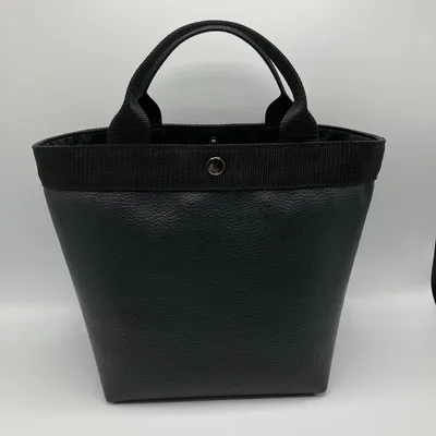 ハンドメイド ブラック フェイクレザー M舟形トートバッグ