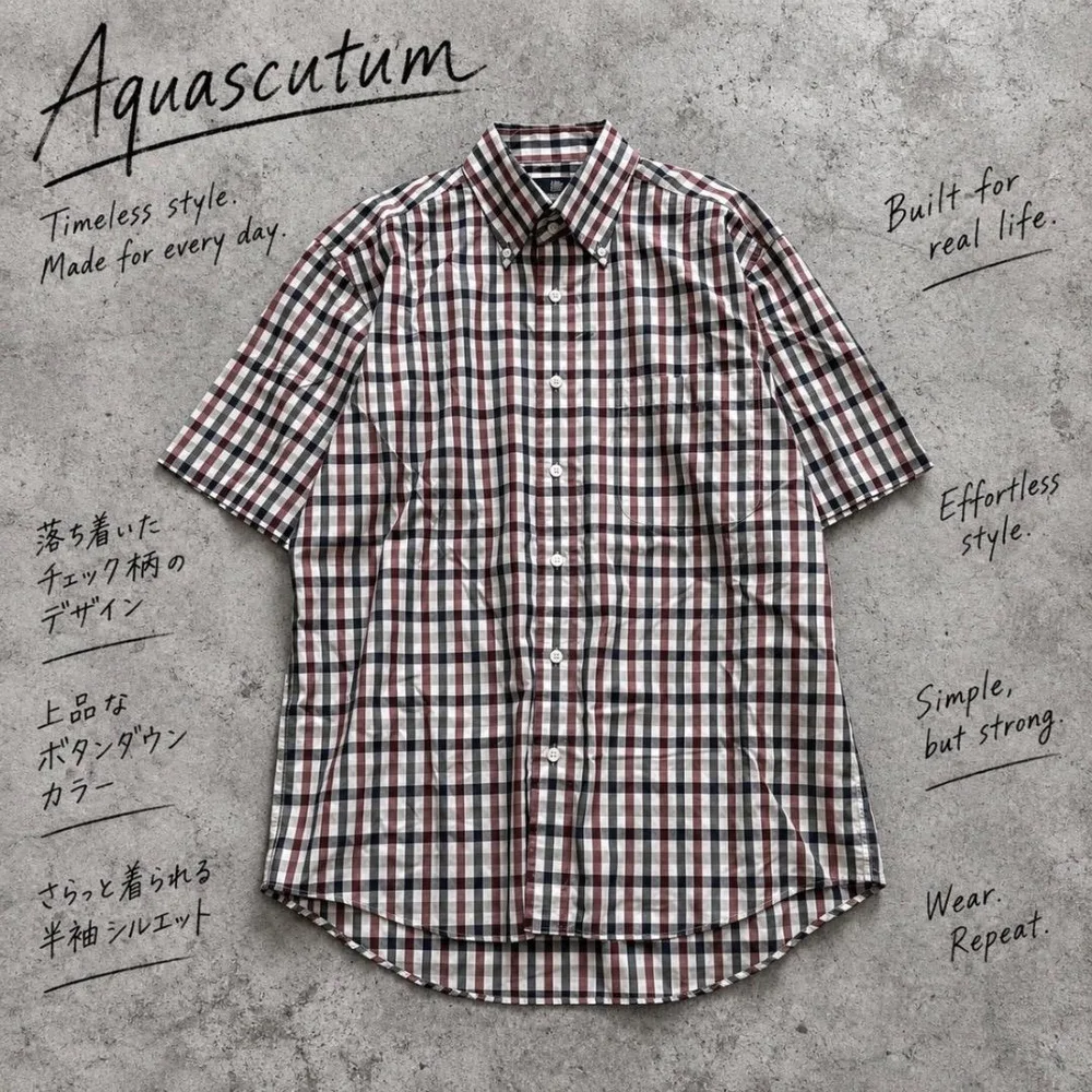 Y9848【アクアスキュータム】半袖ボタンダウンシャツ(M)チェック 日本製