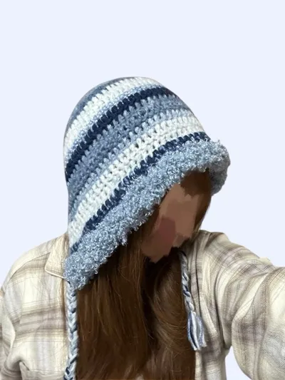 ニット帽 ボンネット バラクラバ 編み物 ハンドメイド ブルー