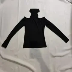 チョーカーネック オープンショルダー 長袖 リブニット ブラック SHEIN