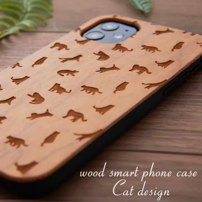 iPhone 16 ケース ウッド 猫 木製