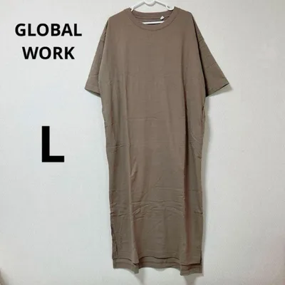 GLOBAL WORK ロングワンピース L ブラウン 半袖 カットソー