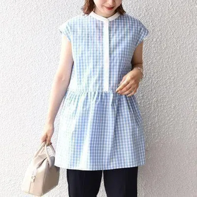 極美品✨ 青❤️ チェック柄 シップス 手洗い可能 ペプラムブロードブラウス◇