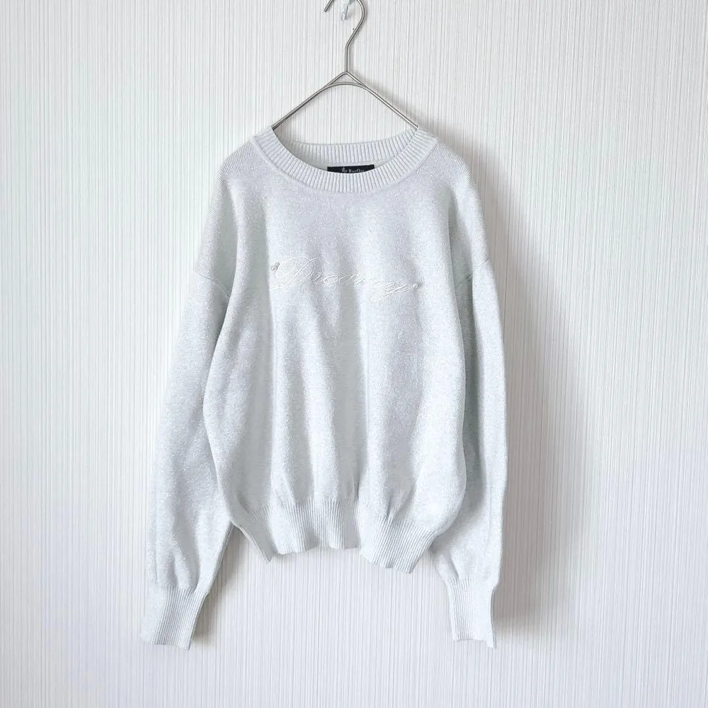 2395 ラグアウト 長袖ラメニット シルバー L 刺繍ロゴ パール ショート丈