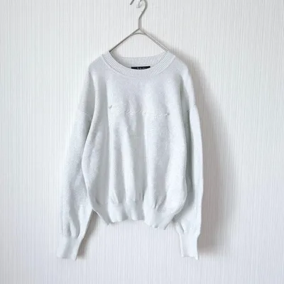 2395 ラグアウト 長袖ラメニット シルバー L 刺繍ロゴ パール ショート丈