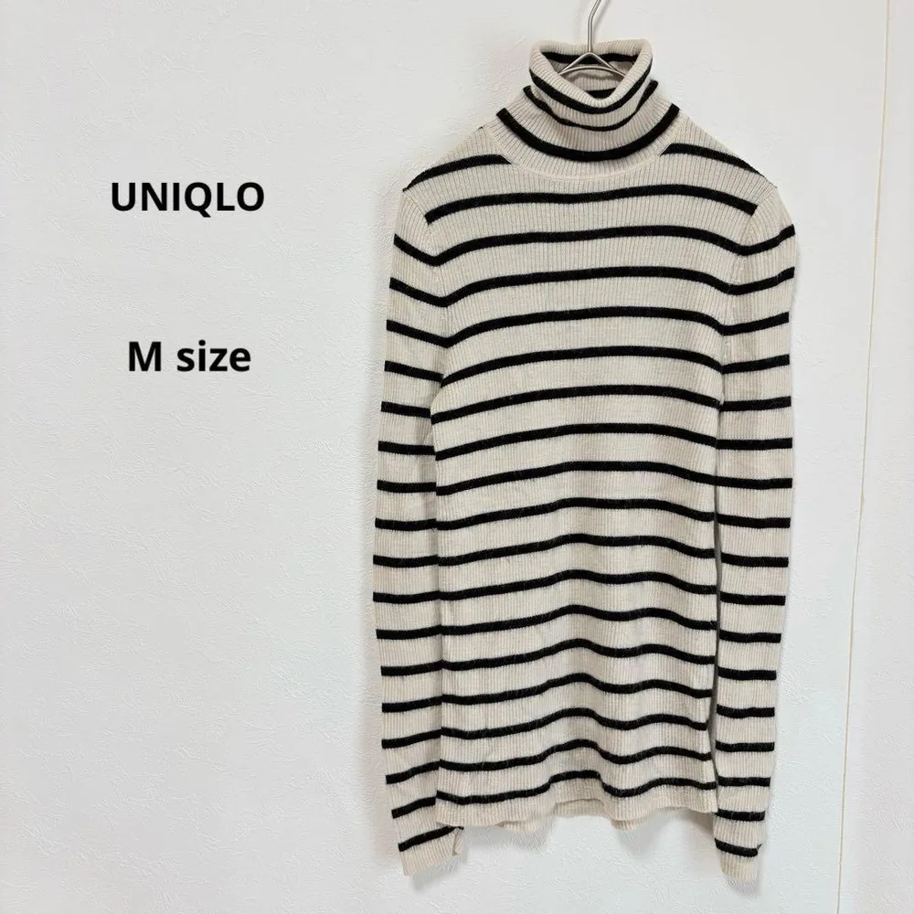 UNIQLO エクストラファインメリノリブタートルネックセーター M ボーダー