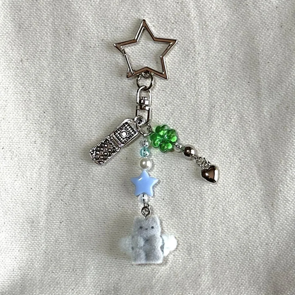 ✿ハンドメイド︎✿ 天使 ねこ ガラケー キーホルダー 青 緑