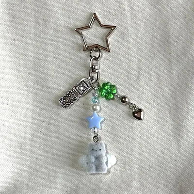 ✿ハンドメイド︎✿ 天使 ねこ ガラケー キーホルダー 青 緑