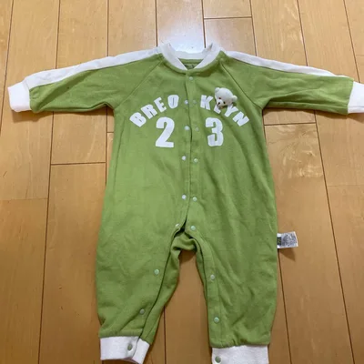 美品 ベビー ロンパース カバーオール くま付き 緑 長袖 秋冬 男の子 90