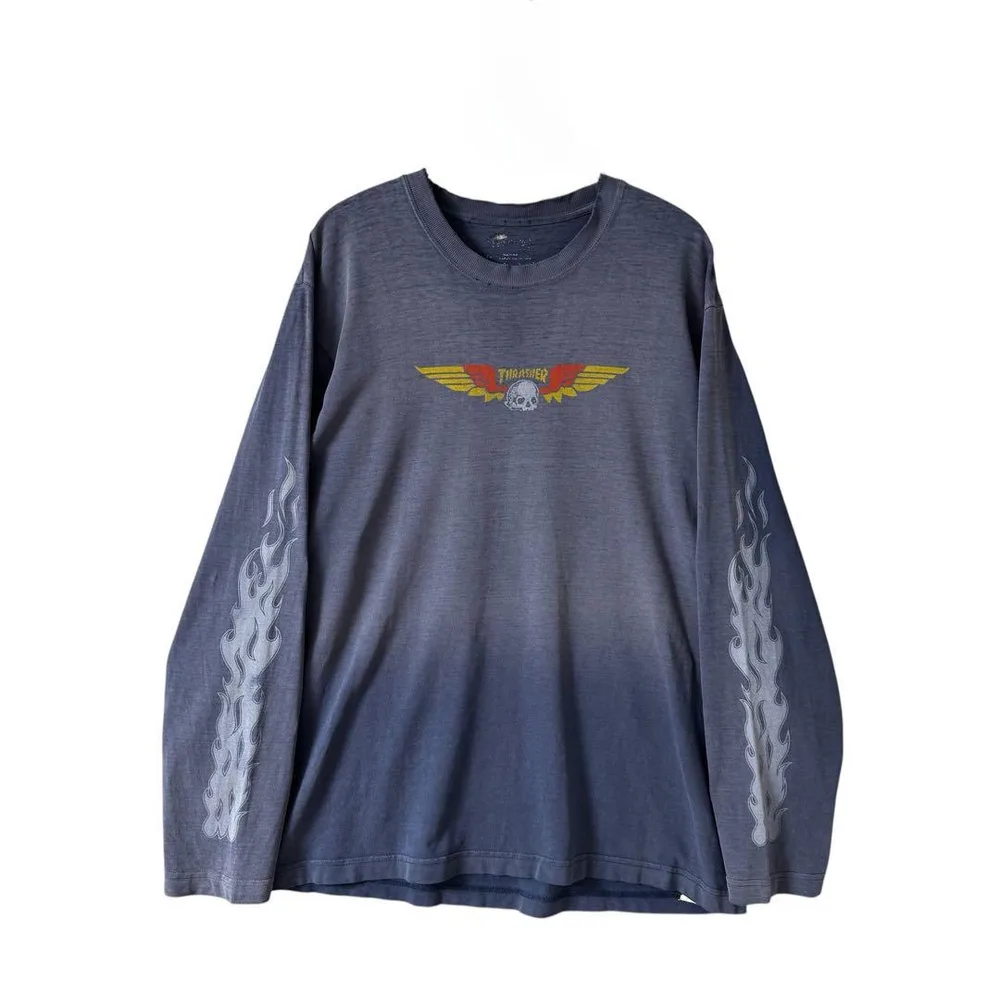 THRASHER フレイム ファイヤー ウィングスカル ロンT 鬼フェード ボロ
