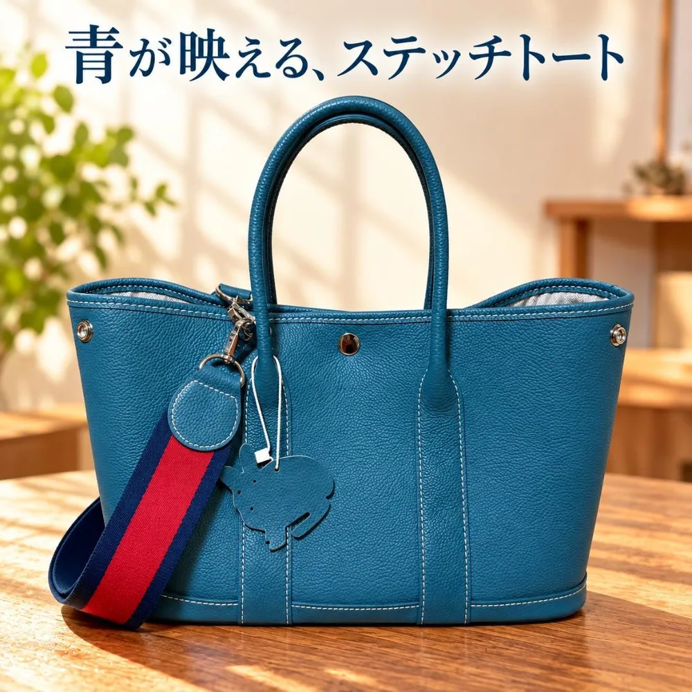 青いトートバッグ ショルダーストラップ付き 白ステッチ