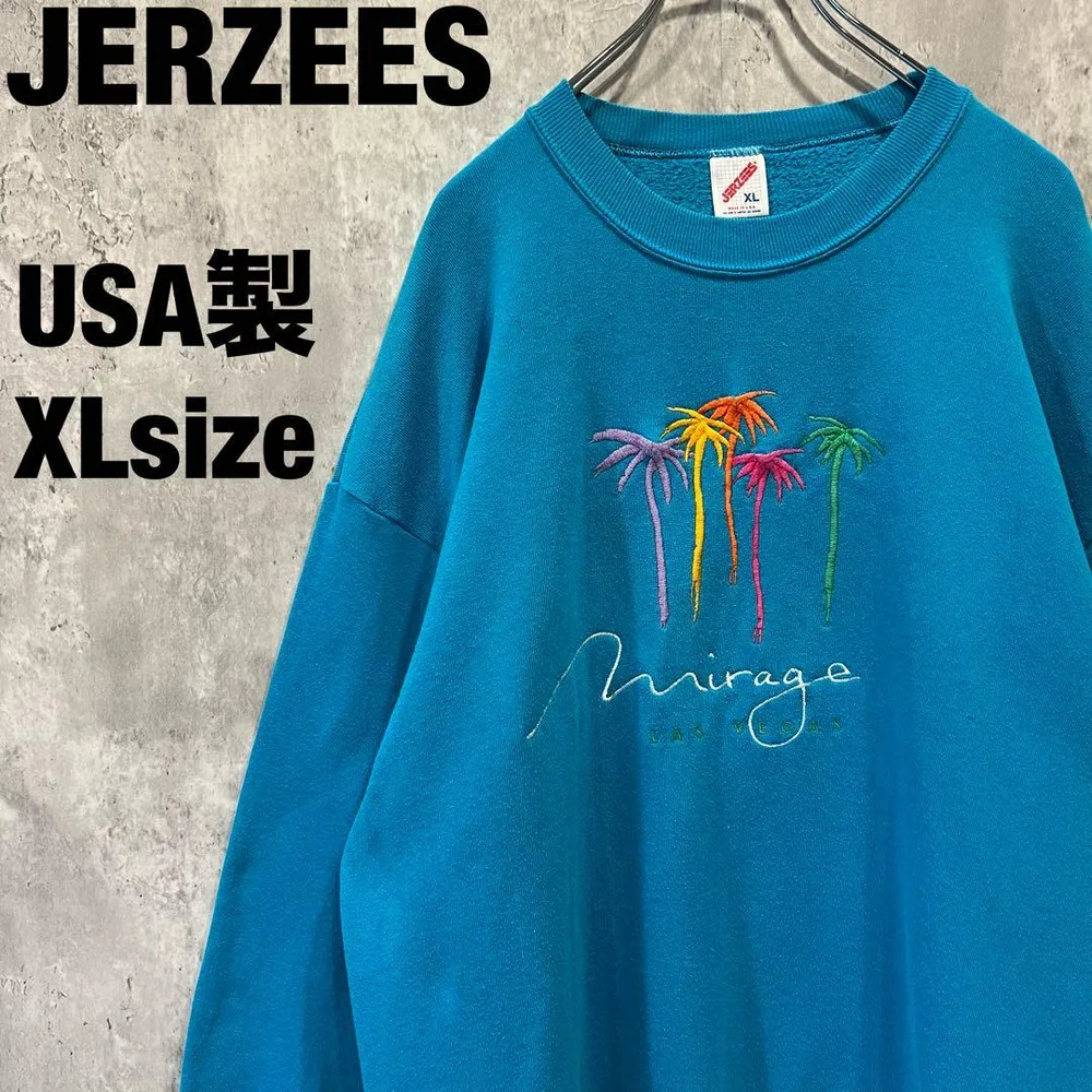 USA製 90s ジャージーズ スウェット XL ターコイズ ヤシの木 刺繍