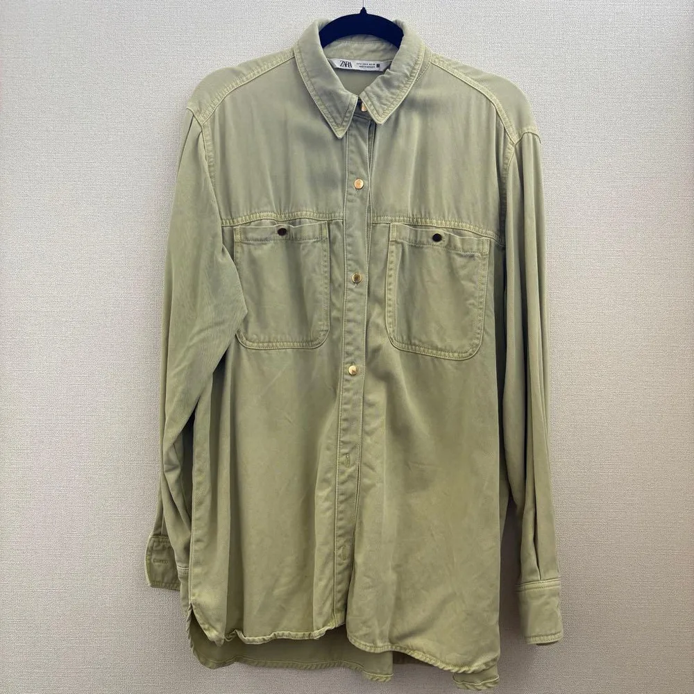 ZARA オーバーサイズ 長袖シャツ ライトグリーン デニム