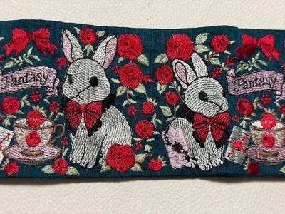 【1m】インド刺繍リボン うさぎとティーカップ