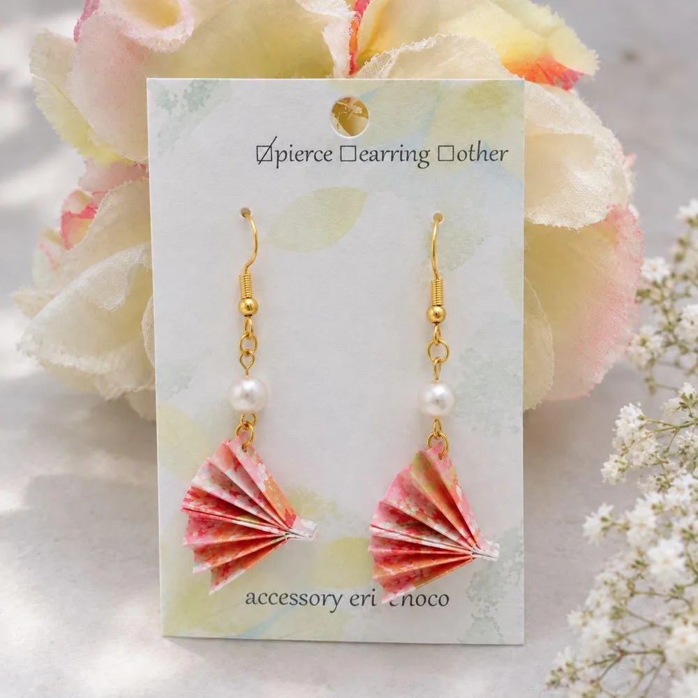 着物・浴衣にも♡折り紙扇子ピアス(イヤリング)♡orange和柄