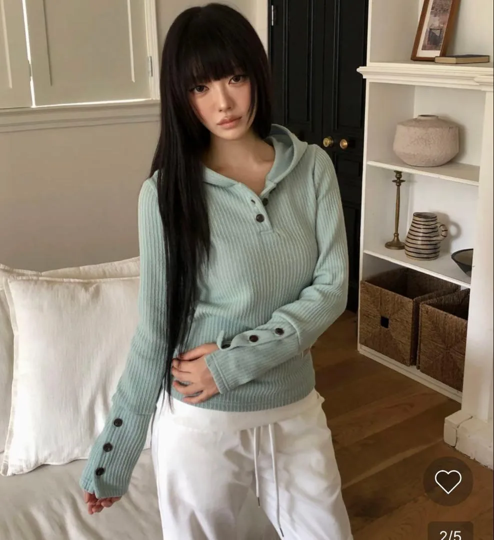 nugu フード付き リブニット 長袖 トップス