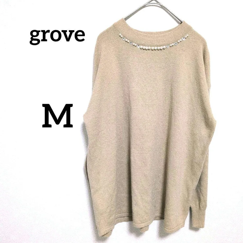 grove グローブ 長袖ニット ベージュ パール ビジュー装飾