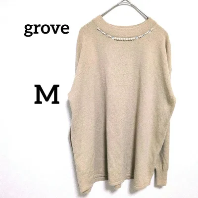 grove グローブ 長袖ニット ベージュ パール ビジュー装飾