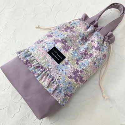 F139 上履き入れ シューズバッグ 巾着 フラワー フリル ハンドメイド