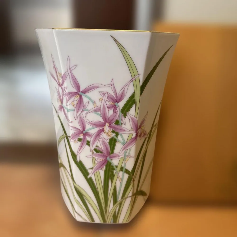 花瓶 陶器 六角形 蘭の花柄 金縁 フラワーベース