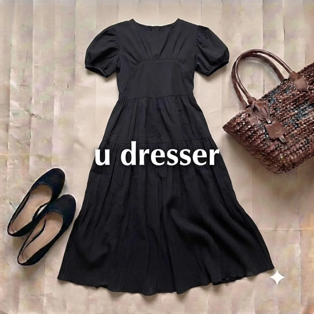 u dresser バックリボン ティアード パフスリーブ 黒 ワンピース 韓国