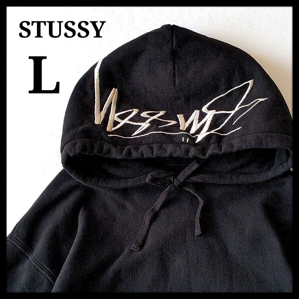 【美品】STUSSYステューシー フードロゴ刺繍パーカー フーディー ブラックL