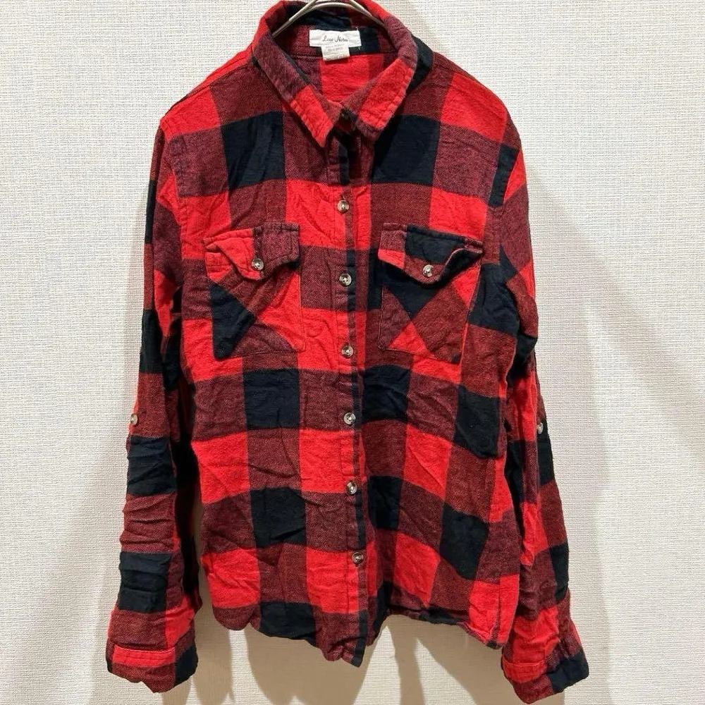 シャツ 長袖 チェック M 赤 黒 カジュアル 古着 ネルシャツ 秋 冬