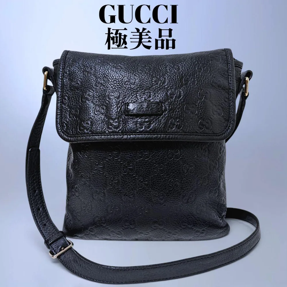 極美品 GUCCI シマ レザー ショルダーバッグ 斜め掛け ブラック GG