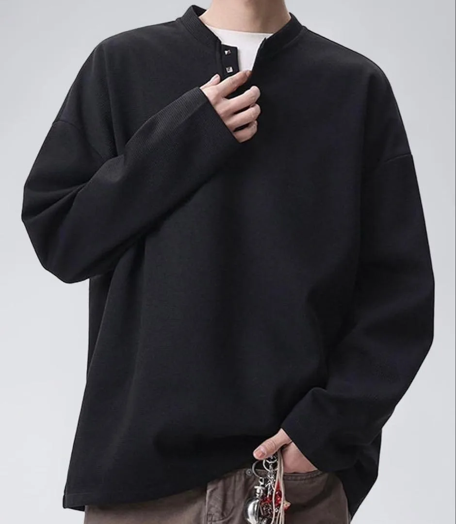 【新品未着用】長袖Tシャツ ヘンリーネック ワッフル 黒