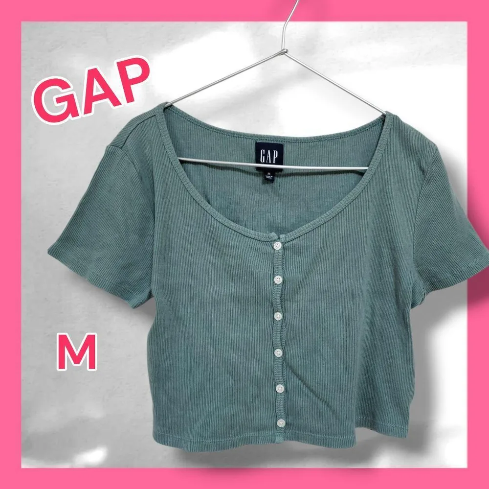 GAP リブ カットソー 半袖 トップス クロップド丈 ボタン付き グリーン M