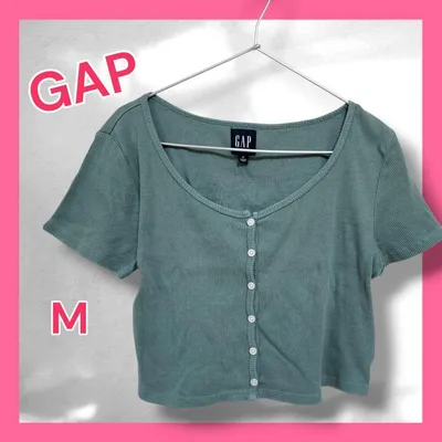 GAP リブ カットソー 半袖 トップス クロップド丈 ボタン付き グリーン M