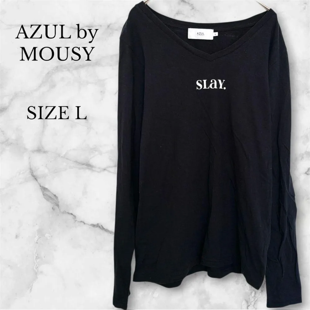 アズールバイマウジー ロングTシャツ ブラック Vネック 胸元ロゴ シンプル L