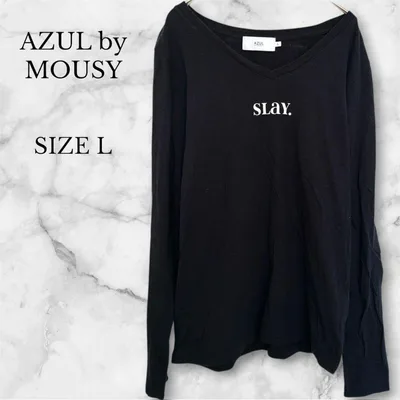 アズールバイマウジー ロングTシャツ ブラック Vネック 胸元ロゴ シンプル L