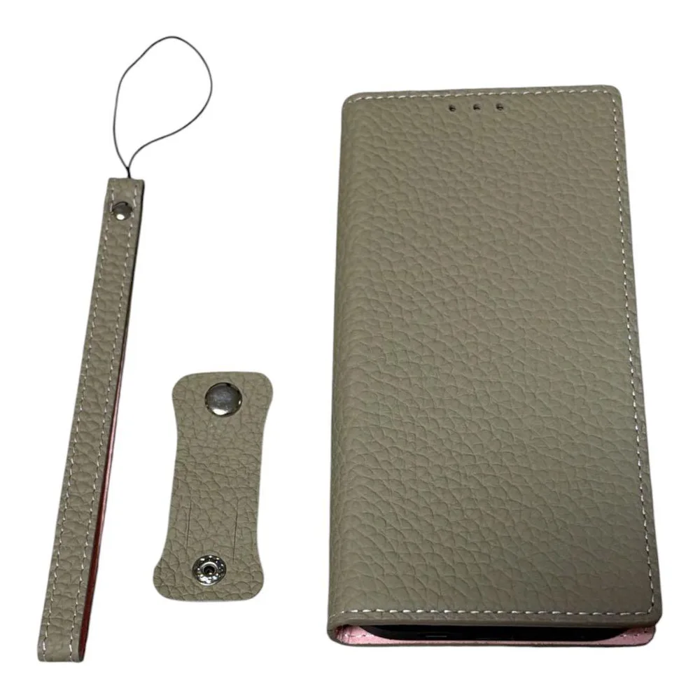 【未使用】GALAXY 手帳型スマホケース グレージュ×ピンク ストラップ付き