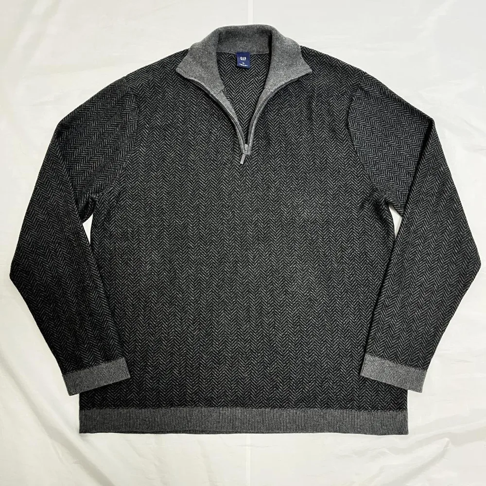 GAP ギャップ ハーフジップニット カシミヤ混 ヘリンボーン 総柄 グレー