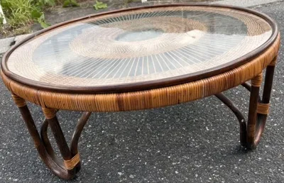 籐 ラタン 丸テーブル ガラストップ 座卓 約89cm