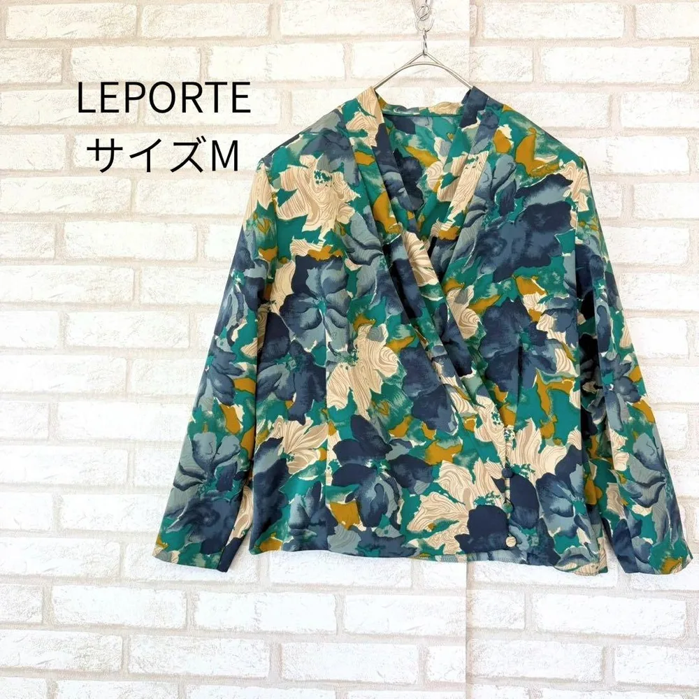 レポルテ 花柄ブラウス カシュクールブラウス M グリーン 肩パッド