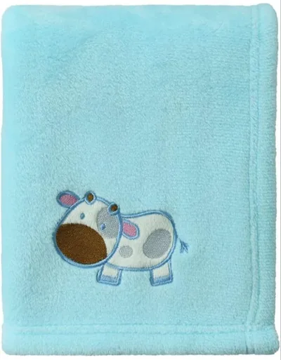 【美品】ベビー毛布 ブランケット フリース 水色 ウシ刺繍 ひざ掛け お昼寝