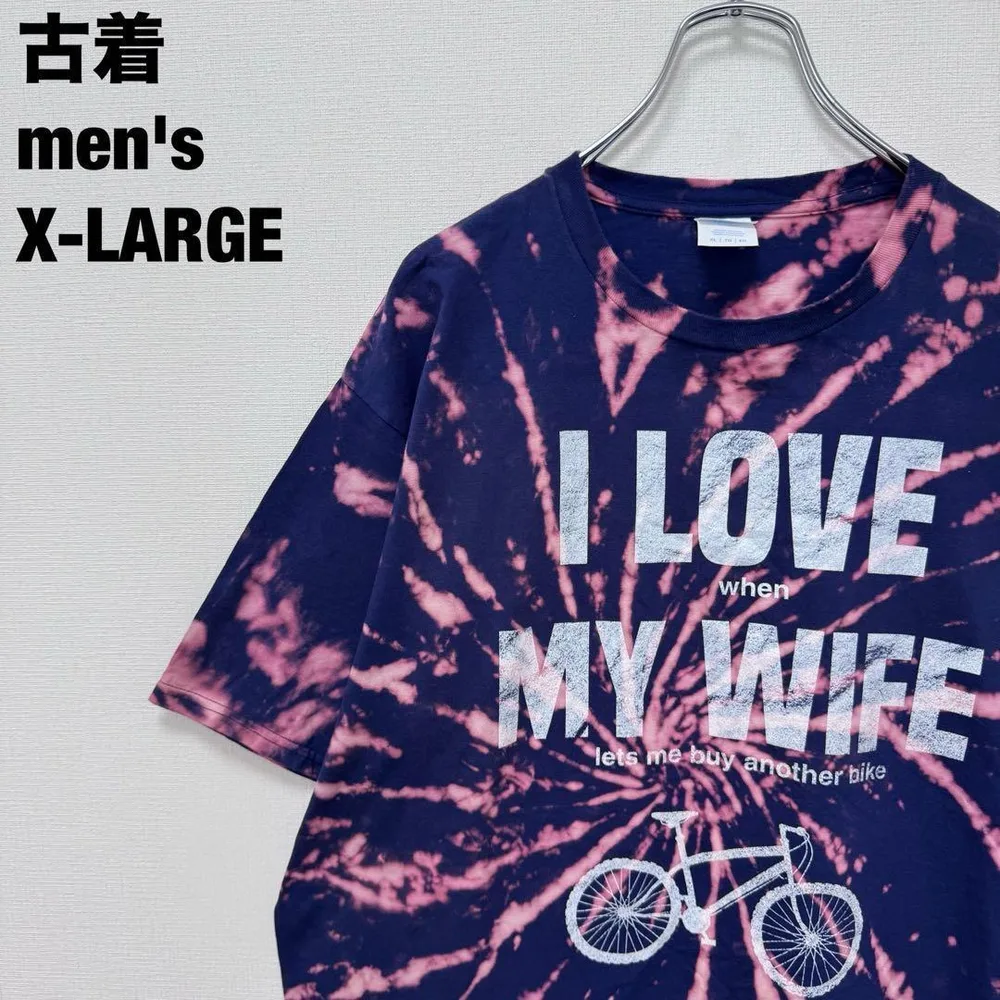 古着 ポート&カンパニー Tシャツ ブリーチ タイダイ ワイフ大好き 紺紫 XL